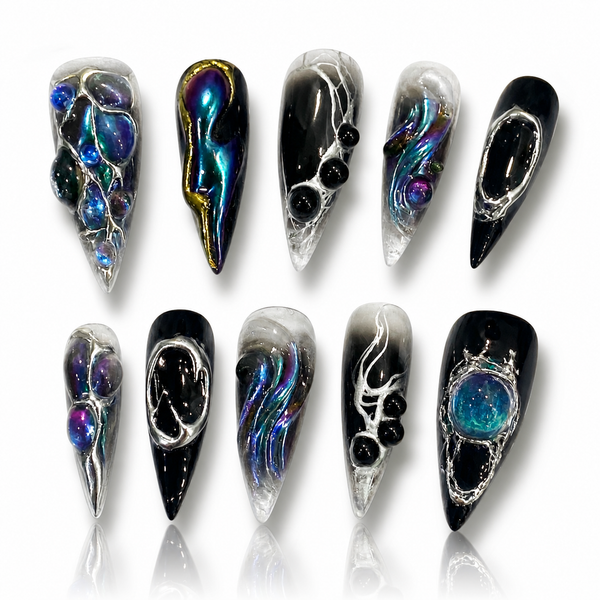 3D Planet Galaxy Chrome Press On Nails, Halloween Black Nail Art