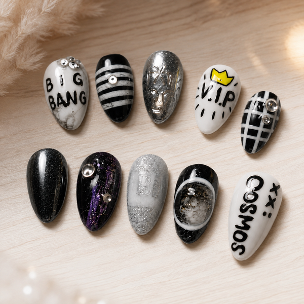 Big Ban Inspired Press On Nails, Kpop Idol Nail Set, Black Silver Concert Nails, Kpop Merch Gift for Bigbang Fans