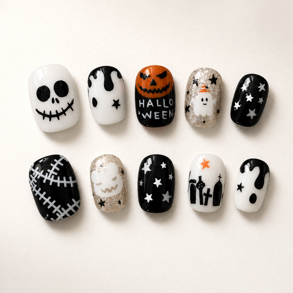 Cute Ghost Halloween Press On Nails, Black White Pumpkin Star Graveyard Nails, Spooky False Nail Set