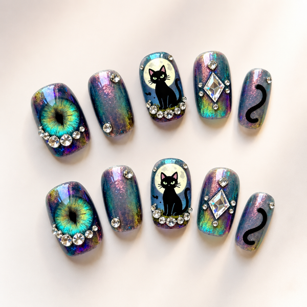 Black Cat Moon Press On Nails, Galaxy Cat Eye Nail Set, Crystal Rhinestone Short Nails, Witchy Celestial Reusable Fake Nails