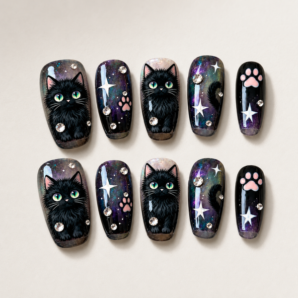 Cosmic Black Cat Press On Nails, Galaxy Cat Eye Nail Set, Pink Paw Star Rhinestone Nails, Gothic Reusable Fake Nails