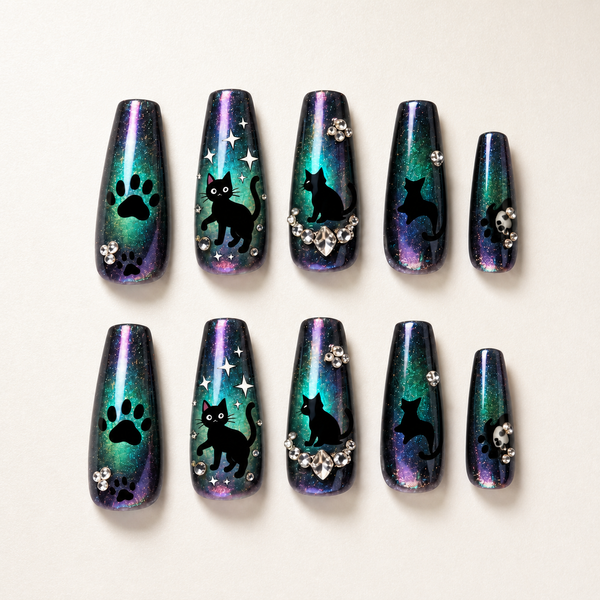 Halloween Black Cat Press On Nails, Pumpkin Witch Nail Set, Orange Shimmer Rhinestone Nails, Cute Spooky Reusable Fake Nails
