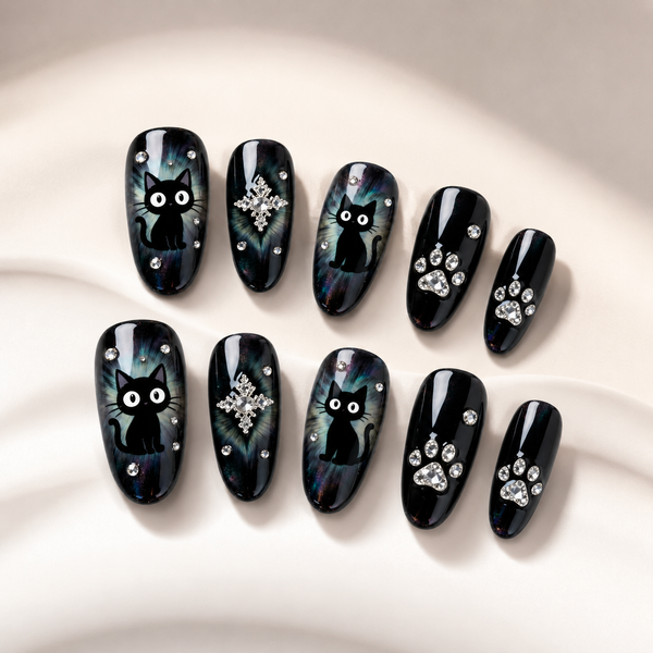 Black Cat Press On Nails, Galaxy Rhinestone Nail Set, Crystal Paw Print Fake Nails, Gothic Celestial Cat Lover Gift