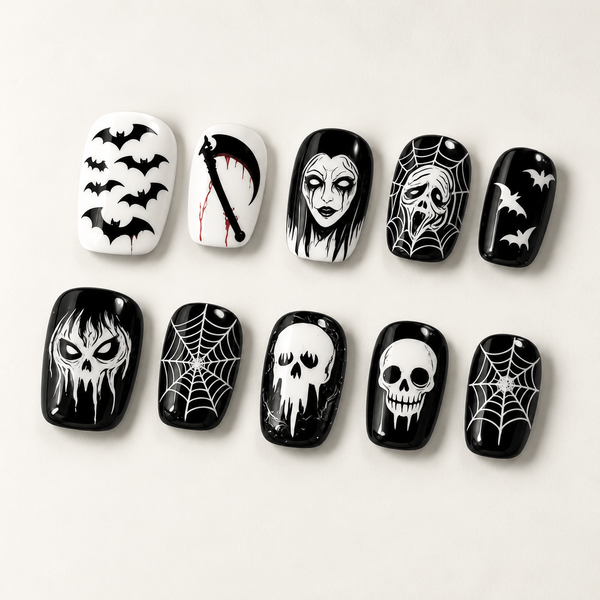 Black White Halloween Press On Nails, Skull Bat Spider Web Horror Nail Set