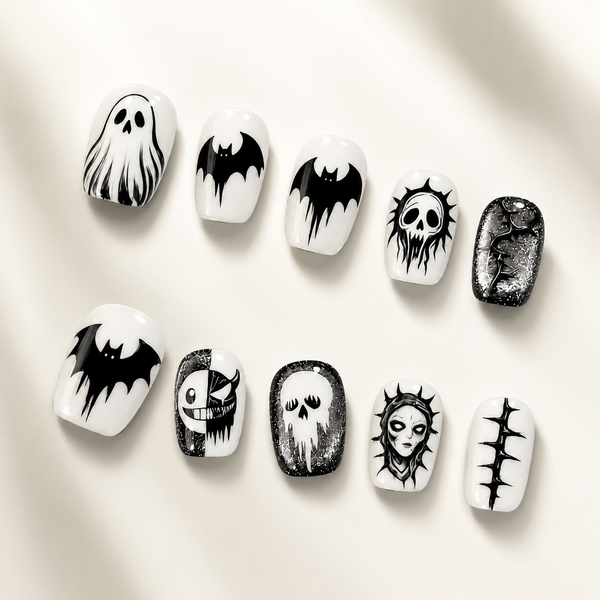 Minimal Halloween Press On Nails, Black White Ghost Bat Skull Gothic Nails