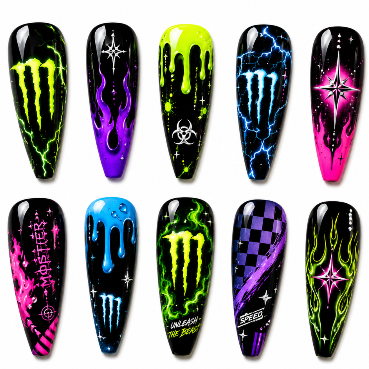 Cyber Toxic Energy Press On Nails, Neon Green Black Y2K Nail Set