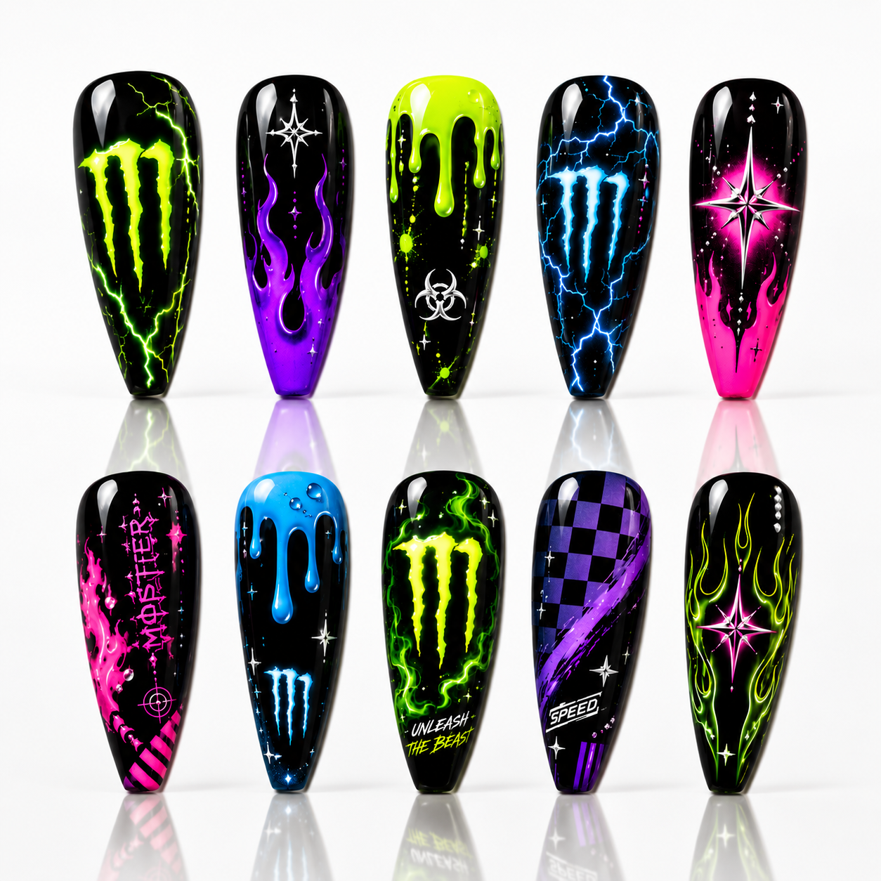 Cyber Toxic Energy Press On Nails, Neon Green Black Y2K Nail Set