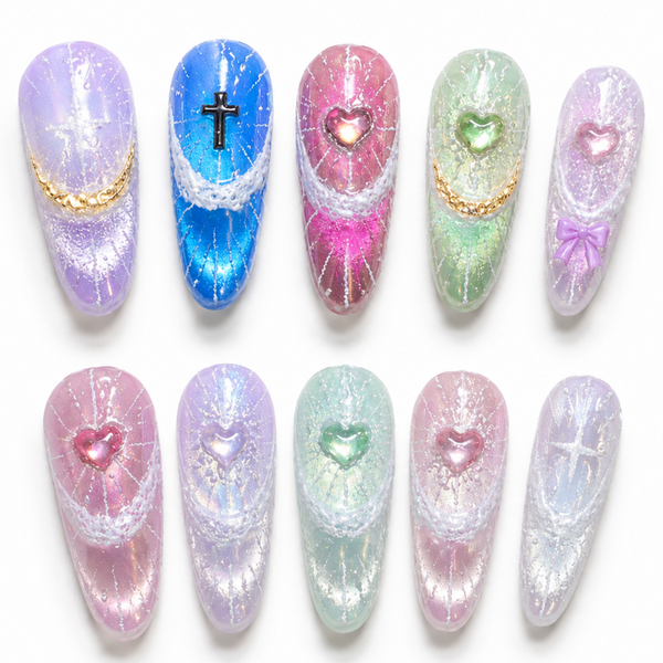 Divine Light Press On Nails, Angelcore Nail Set, Celestial Heart Nails, Pastel Aura Nails, Ethereal Fantasy Nails