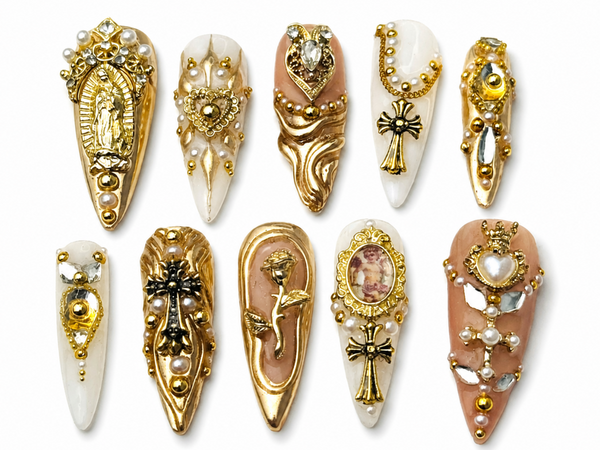 Freestyle Luxury Baroque Gold 3D Press On Nails with Cross Pearl Gem Design, Long Almond Handmade Gothic Yellow Nail Art