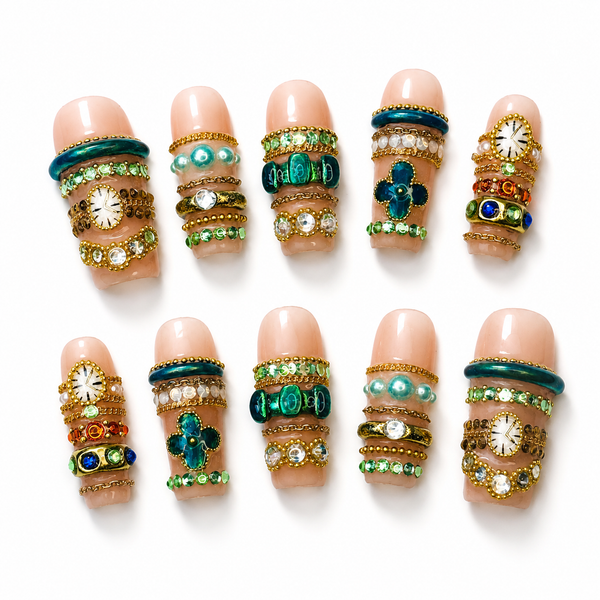 Gold Emerald Bling Press-On Nails