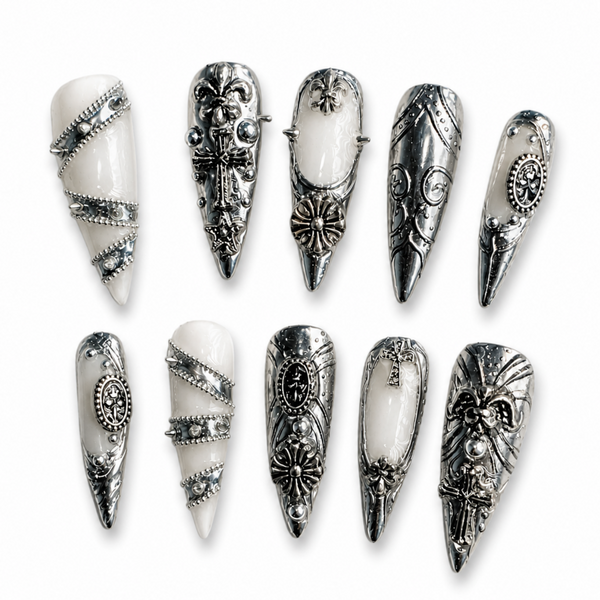 Gothic Silver Cross 3D Press-On Nails, White Nail Art