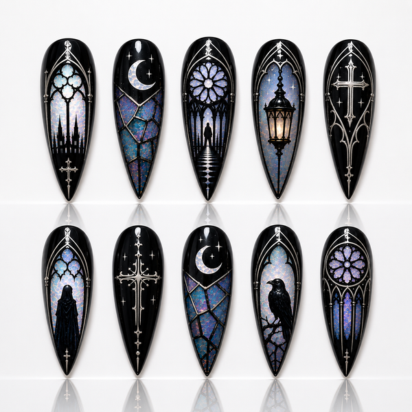 Gothic Stained Glass Press On Nails, Stiletto Black Silver Moonlight Nails, Halloween Cathedral Fantasy Nail Set