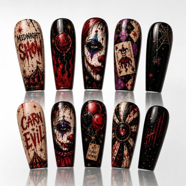 Horror Clown Press On Nails, Gothic Carnival Halloween Nails, Creepy Circus Nail Set, Long Tapered Square Size Only