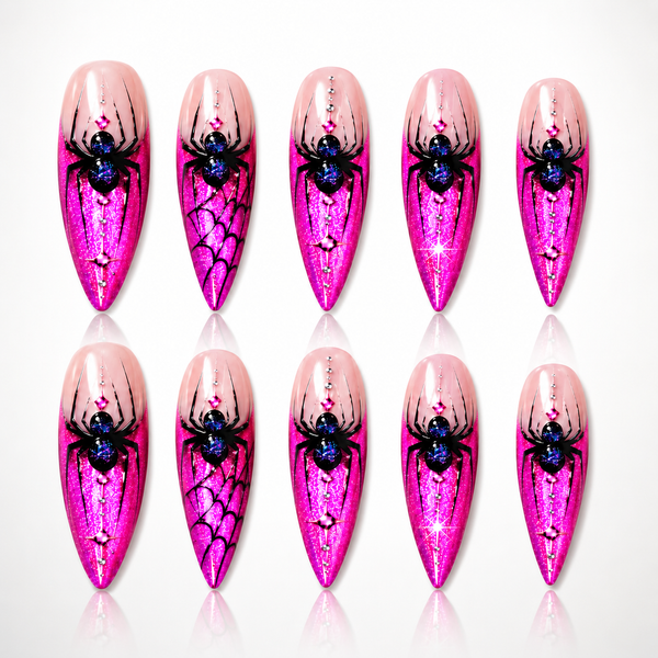 Hot Pink Spider Press On Nails – Glitter Stiletto Nail Set, Gothic Glam Nails, Handmade Pink Nails