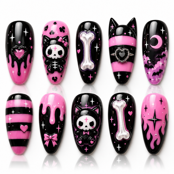 Pink Gothic Kawaii Press On Nails – Black Cat Skull Nail Set, Jirai Kei Nails, Cute Emo Goth Handmade Nails
