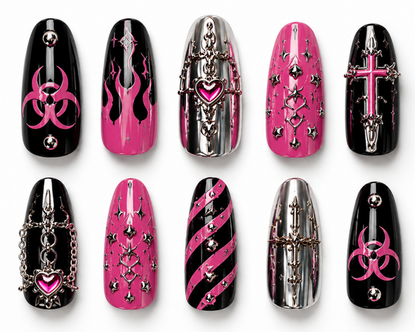 Toxic Cyber Press On Nails – Pink Scene Girl Nail Set, Cyber Punk Y2K Nails, Black Pink Chrome Nails, Alt Girl Aesthetic