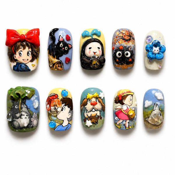 Cute Anime Inspired Press On Nails, Kawaii Cartoon Nail Set, Handmade 3D Character Nails, Cute Fantasy Nails