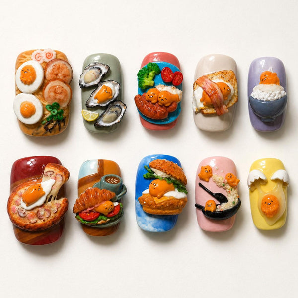Cute Food Press On Nails, Miniature Breakfast Nail Art, Kawaii Snack Nails, Handmade 3D Food Nail Set
