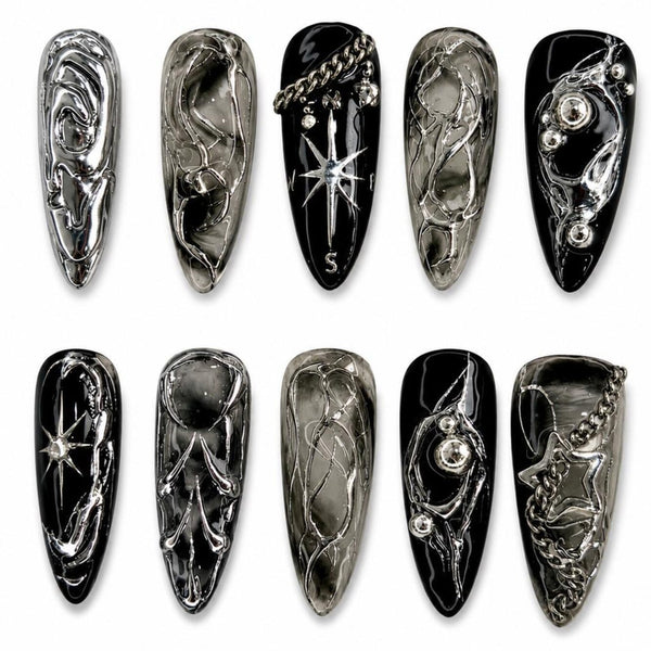 Black Chrome Star Press On Nails, Silver Chain Gothic Nails, Dark Metallic Nail Set, Halloween Futuristic Grunge Nails