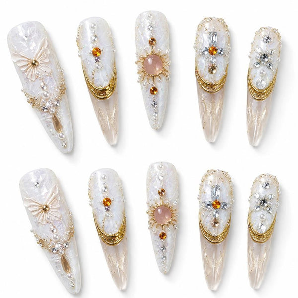 White Gold Luxury Press On Nails, Celestial Pearl Nail Set, Elegant Rhinestone Nails, Bridal Glam Press On Nails