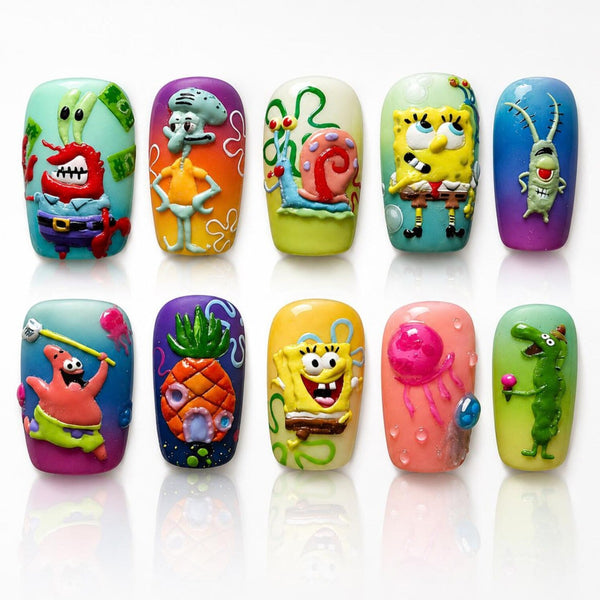 Cartoon Ocean Character Press On Nails, Funny Sea Theme Nails, Colorful Kawaii Nail Set, Cute Pop Art Nails