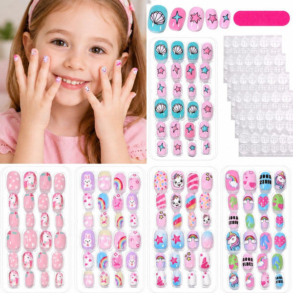 120PCS Kids Press On Nails for Girls, Unicorn Fake Nails, Children's Nail Kit with Jelly Glue, Cute Kawaii Stick On Nails,