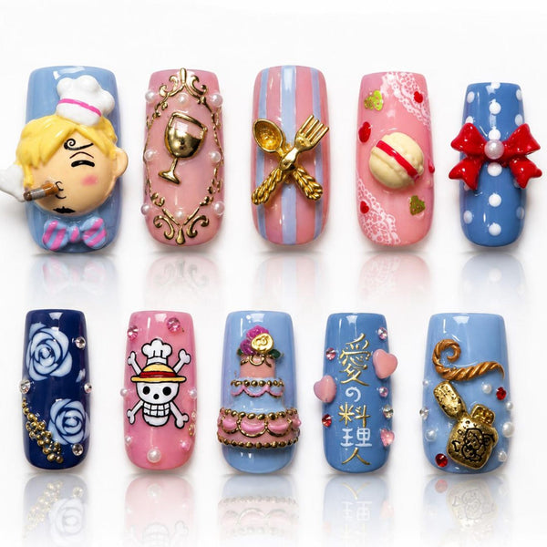 Anime Dessert Press On Nails, Cute Blue Pink Nail Art, Kawaii Character Nails, Handmade Japanese Style Press Ons