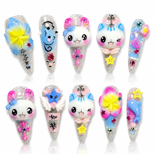Kawaii Bunny Press On Nails, Cute Y2K Star Nail Set, Glitter Anime Nails, Handmade Pink Blue Nails