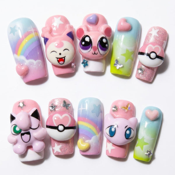 Pastel Anime Press On Nails, Cute Fantasy Character Nails, Kawaii Y2K Nail Set, Handmade Pink Blue Nails