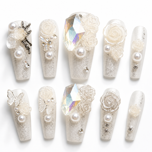 Opal Elegance Press On Nails, Pearl Bridal Nail Set, Luxury White Flower Nails, Crystal Wedding Nails, Elegant Acrylic Nails